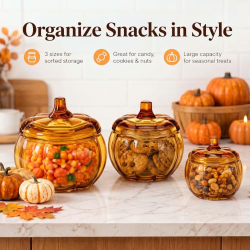Set of 3 Amber Glass Pumpkin Jars with Lids for Fall & Halloween Decor