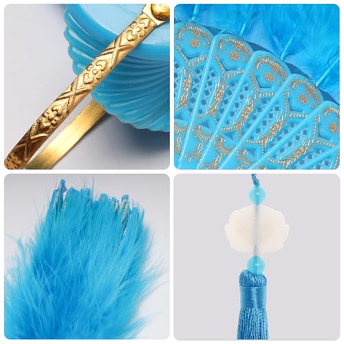 Foldable Feather Fan with Embroidered Flowers - Light Blue 1920s Style Handheld Fan for Costume & Wedding