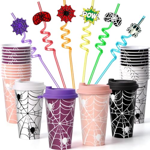 Spider Web Party Cups with Lids & Straws - 24 Pack for Halloween & Kids Birthday