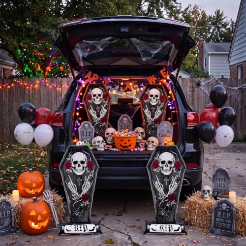 Halloween Coffin Balloons Set with RIP Base - Large Skeleton Foil Decor