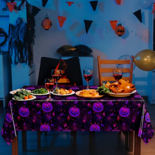 Glow in the Dark Halloween Plastic Tablecloth Set - 52x87 Inches, Iridescent Spiderweb & Pumpkin Design, Waterproof Party Decor for Indoor Outdoor Events