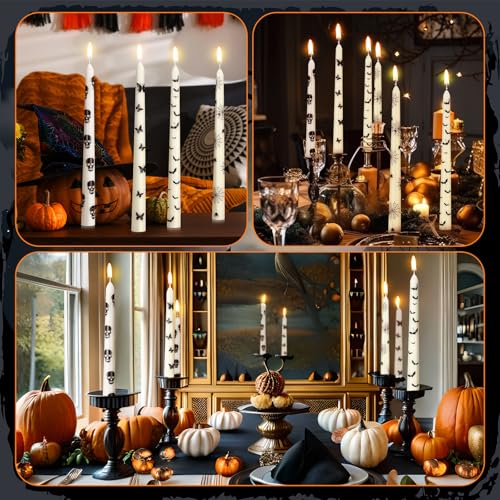 Halloween Taper Candles - 12 Pcs Ghost, Skull, Bat & Spider Web Styles, 10.6 Inch