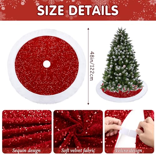 Sequin Christmas Tree Skirt 48 Inch with Faux Fur Edge - Red Holiday Decor