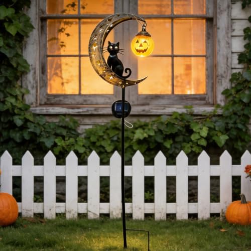 Solar Halloween Black Cat and Pumpkin Garden Stake Lights Outdoor Decor