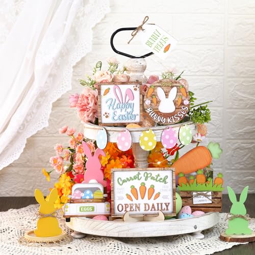 Easter Tiered Tray Decorations Bunny Carrot Wooden Set Farmhouse Holiday Decor - 15 Pieces