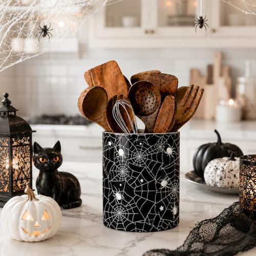 Halloween Utensil Holder - Black Spider Web Ceramic Kitchen Organizer - 6 Inch