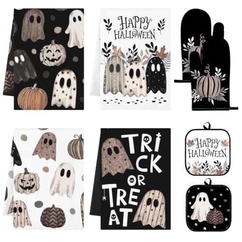 Halloween Ghost Kitchen Decor Set with Towels & Oven Mitts - Neutral Spooky Style