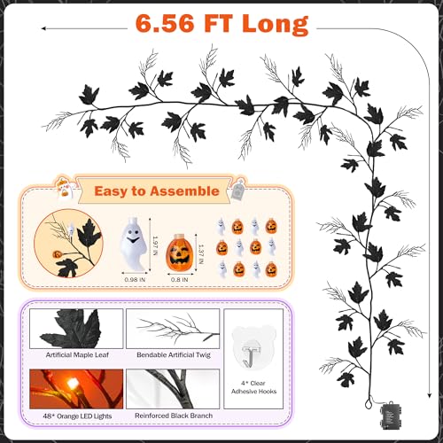 Halloween Garland with Orange LED Lights - 6.56 ft Lighted Vine Twig String Lights, 8 Modes & Timer, 12 Ornaments, Battery Operated, Indoor Decor - Orange