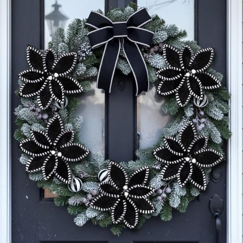Artificial Christmas Poinsettia Flowers Set - Black & White, 12 Pack