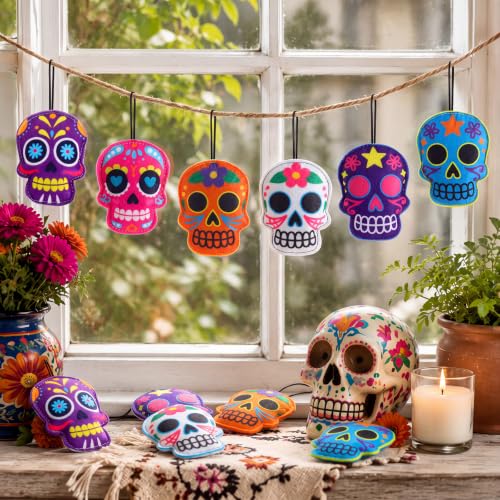 12 Pack Felt Dia De Los Muertos Skull Ornaments for Tree Decoration