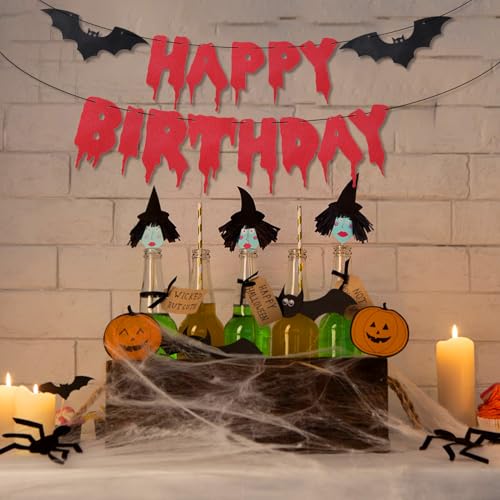 Halloween Happy Birthday Banner - Bloody Style Glitter Bat, Red