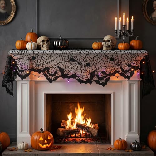 Halloween Cobweb Mantel Scarf Cover with Bat Design - Black 4, 18x96 in