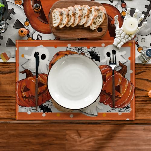Jack O Lantern Halloween Placemats Set of 4 - 12 x 18 Inch Orange Rectangular