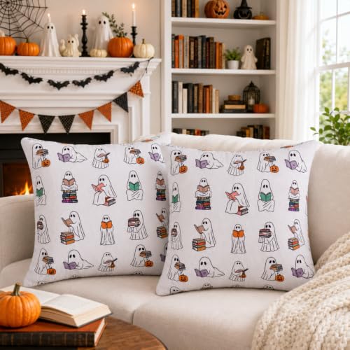 Halloween Ghost Reading Pillow Covers - 2 Pack, 18x18 Inch Bookish Decorative Pillowcases