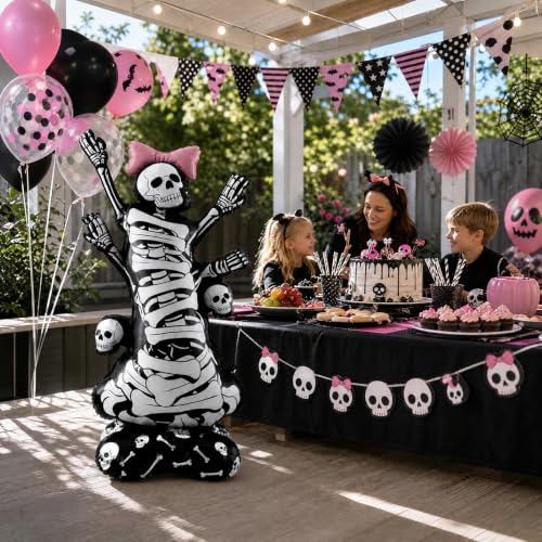 3.5FT Self-Standing Skeleton Balloon with Pink Bow Halloween Indoor Outdoor Decor - 1 PCS