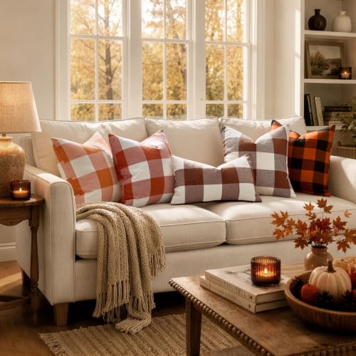 Fall Plaid Pillow Covers 16x16 Brown Pack of 2 - Farmhouse Decor