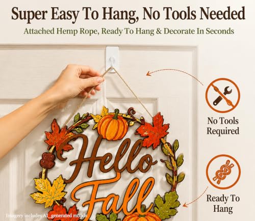 Wooden Hello Fall Door Sign - Rustic Autumn Wreath Wall Hanging - Single-Sided