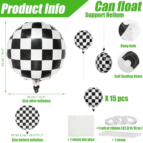 Black and White Checkered Balloons - 18 Inch Foil Race Car Party Decor, 15 Pack