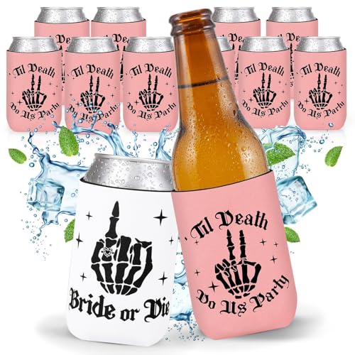 Pink Bride or Die Can Cooler Set - Reusable Gothic Bachelorette Party Drink Sleeves