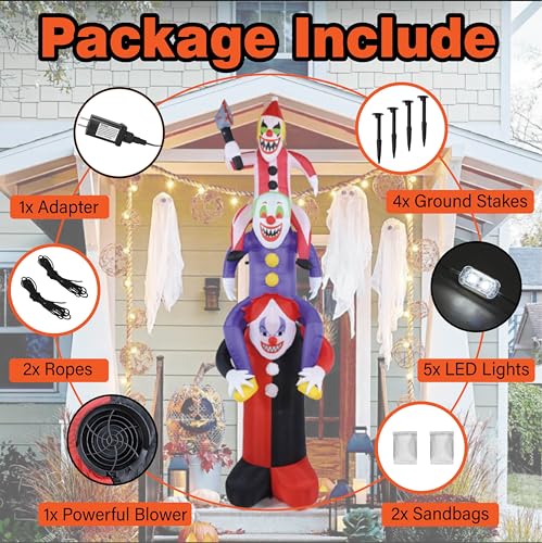 Halloween Inflatable 8ft Scary Clowns Stacked in Human Ladder with LED Lights - Outdoor Decor - Variation of Clown