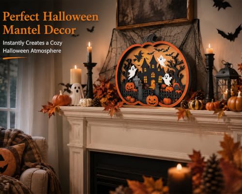 Halloween Pumpkin Sign - Rustic 3D Wooden Fall Decor for Tabletop & Shelf