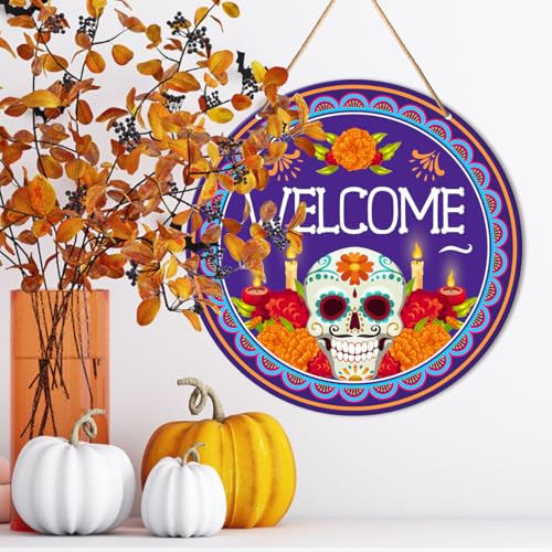 Day of The Dead Welcome Sign Decor - Mexican Sugar Skull Hanging Sign for Home & Front Door