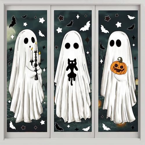 Halloween Ghost Window Clings - Large Ghost Stickers for Windows, Mirrors & Decor - 3 Sheets, Indoor & Outdoor Use