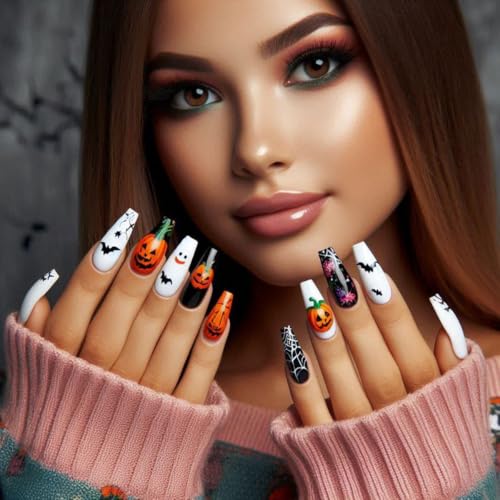 Halloween Ghost Press on Nails Short Square Fake Nails with Black White Ghost Spider Web Swirl Design - Design H2