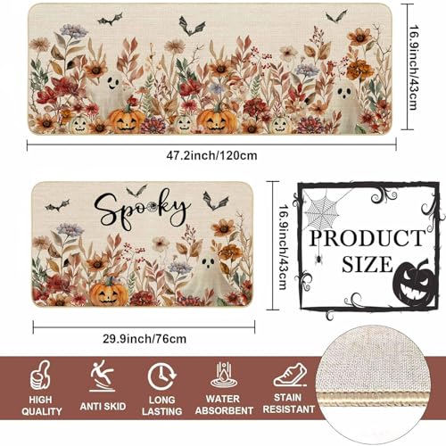 Halloween Kitchen Mat Set Spooky Ghost Pumpkin Non-Slip Rugs for Fall Decor