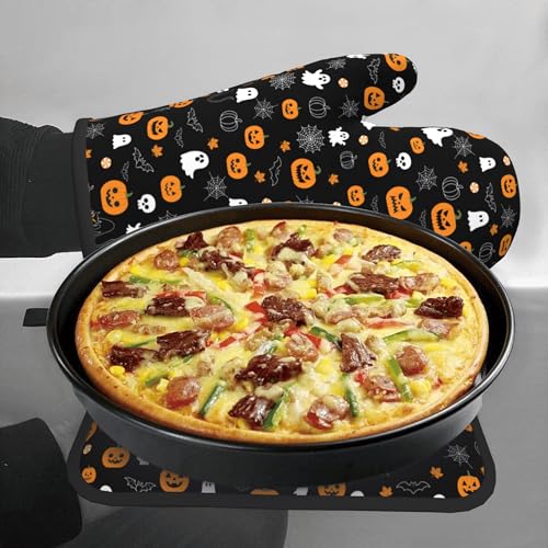 Halloween Oven Mitts & Pot Holders Set - Black Ghost Pumpkin Variation