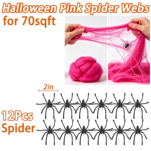 Small Pink Halloween Spider Web Decoration Kit with 12 Fake Spiders - Stretch Cobwebs Indoor Use