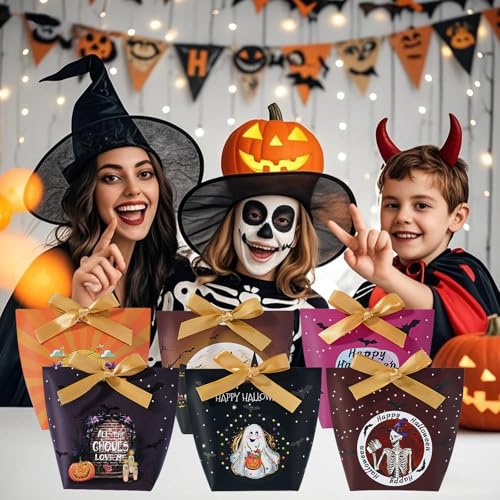 Halloween Treat Boxes with Ribbons - 24 Pack Festive Gift & Goodie Boxes - Variety of Designs