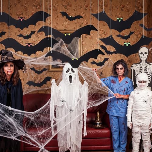White Halloween Hanging Bats Set with Glowing Eyes - Indoor & Outdoor Party Decor