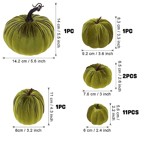 Artificial Velvet Pumpkins Set - 16 Assorted Sizes, Green Variation