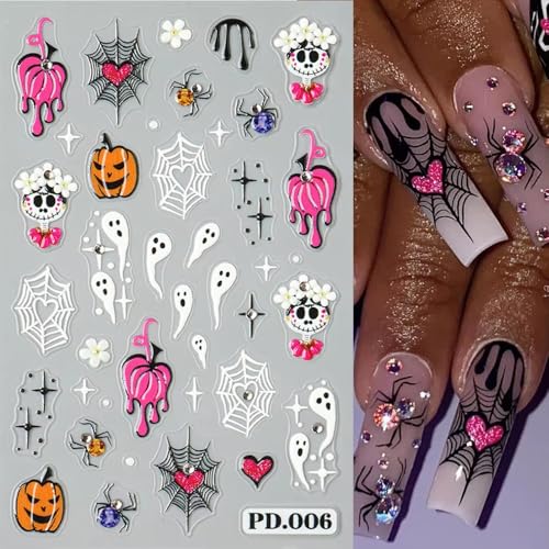 Halloween Nail Stickers with Rhinestones - Ghost Variation, Self-Adhesive Skeleton Spider Web 4 Sheets