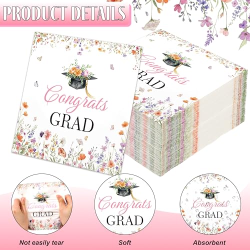 Spring Graduate Floral Paper Napkins 100 Pack - Congrats Grad Design