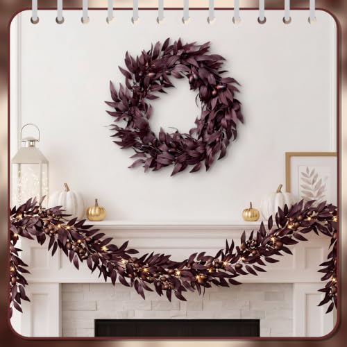 20 Inch Autumn Wreath for Front Door - Burgundy Fall Decor, Expandable Olive Design