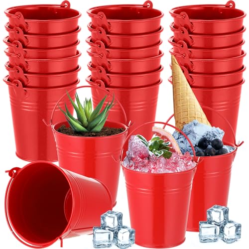 Mini Metal Buckets with Handles - Galvanized Pails for Wedding Party Favors - Red, 28 Pcs