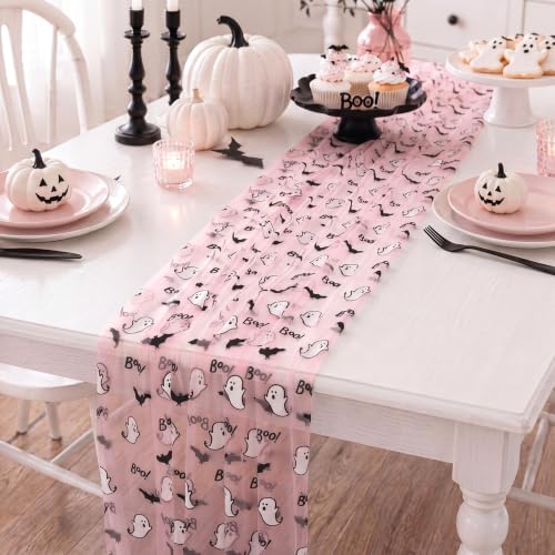 Ghost Pink Halloween Table Runners 29x70 in - Set of 4 with Ghosts & Bats - Variation: Ghost