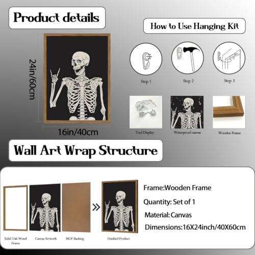 Halloween Skeleton Wall Art Framed Canvas 12x16 Inches Gothic Home Decor - Black Skull Skeleton - Variation B