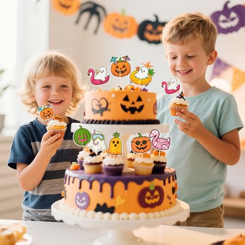 Spooky Summer Cake Toppers Set - 40 Assorted Halloween & Beach Decorations