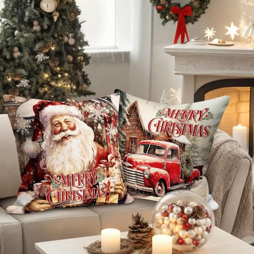 24x24 Christmas Throw Pillow Covers Set of 4 - Holiday Santa & Winter Decor
