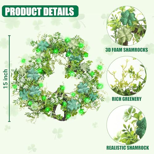 Green 15-Inch Shamrocks Wreath for St. Patrick's Day Front Door Decor - Artificial Clover Garland