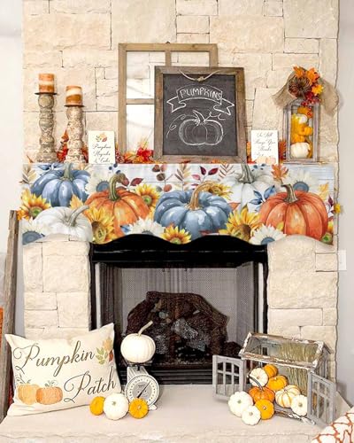 Fall Fireplace Mantel Scarf - Orange Blue Pumpkin Sunflower Rustic Decor 90 x 17 Inches - Fall Variation