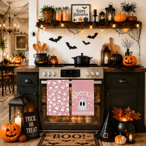 Halloween Pink Ghost Kitchen Towels Set of 2 - Absorbent Dish & Hand Towels