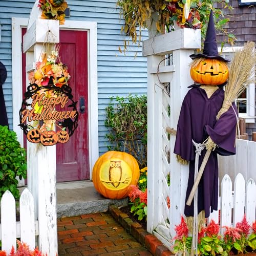Halloween Wooden Ghost Door Sign Wreath - Large Pumpkin & Black Cat Variation