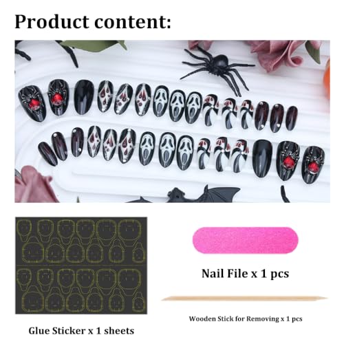 Halloween Press On Nails Gothic Black Red Spider Charms Ghost Almond Nails - Variation 10