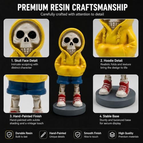 Yellow Hoodie Skeleton Figurine Decor - 5.1 Inch Gothic Halloween Shelf Statue