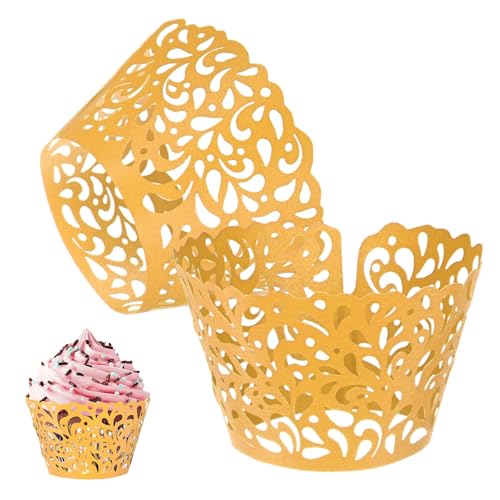 Gold Tone 50-Pack Pearlescent Cupcake Wrappers with Lace Design for Weddings & Parties