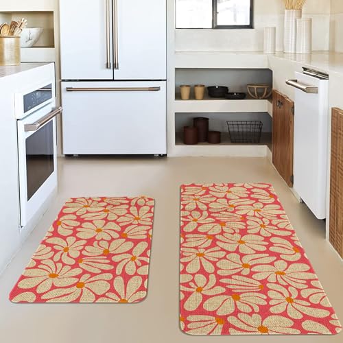 Pink Daisy Floral Kitchen Rugs Set - Non-Slip Indoor Mats for Kitchen & Home Decor, 2-Piece